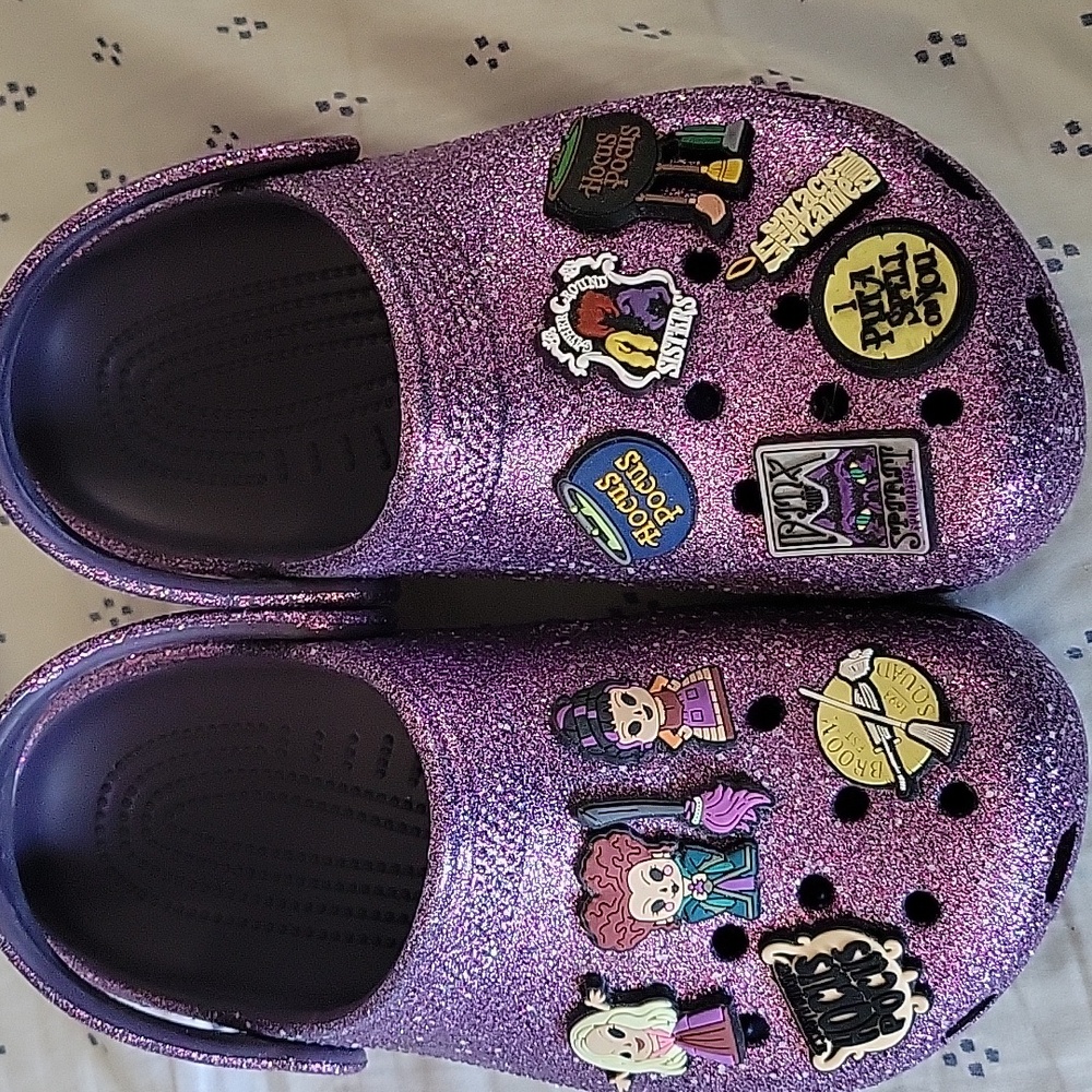 Custom Purple Glitter Clogs with Hocus Pocus Charms